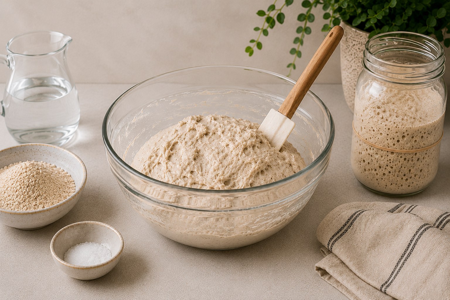 Mistura da massa: incorporar o levain ativo a farinha e a agua