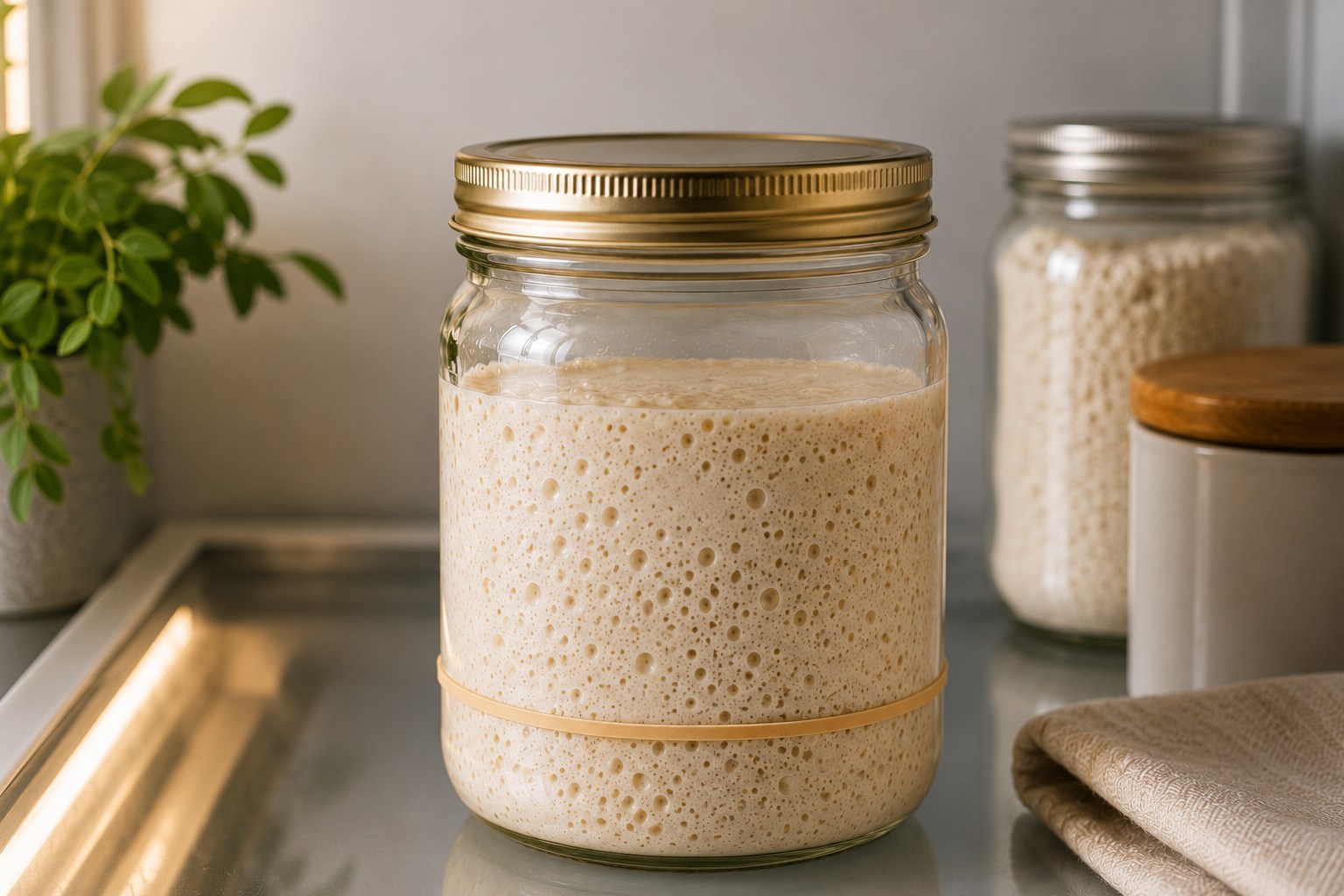 Pote com levain conservado na geladeira para uso semanal