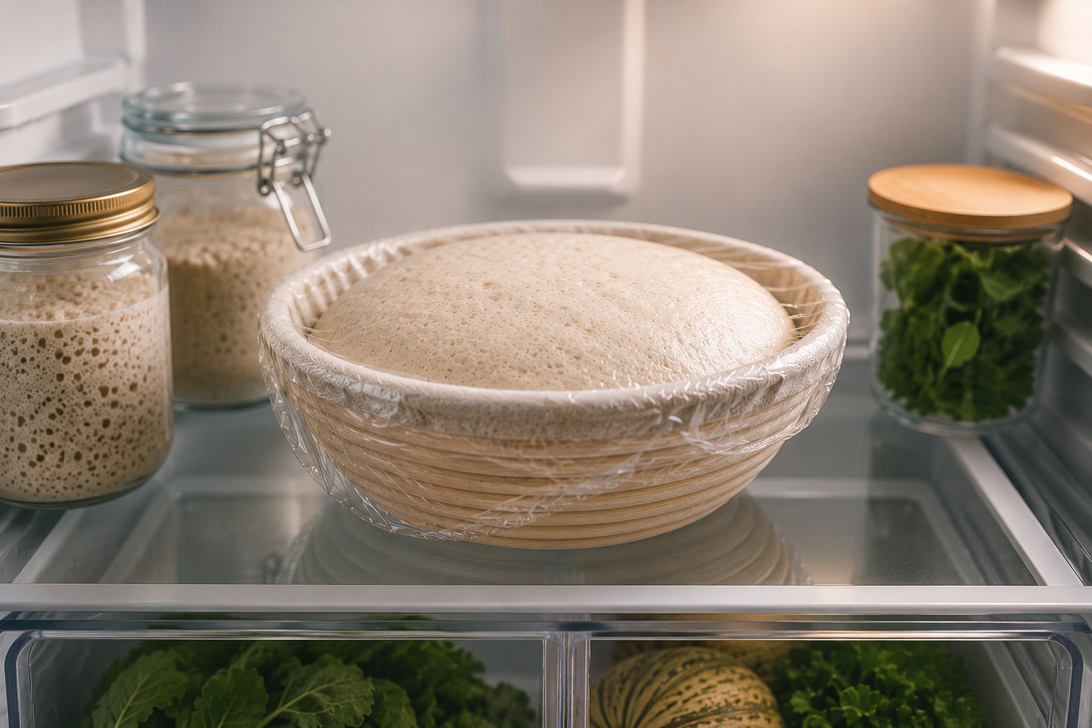 Fermentacao longa em geladeira: massa em cesta coberta com plastico