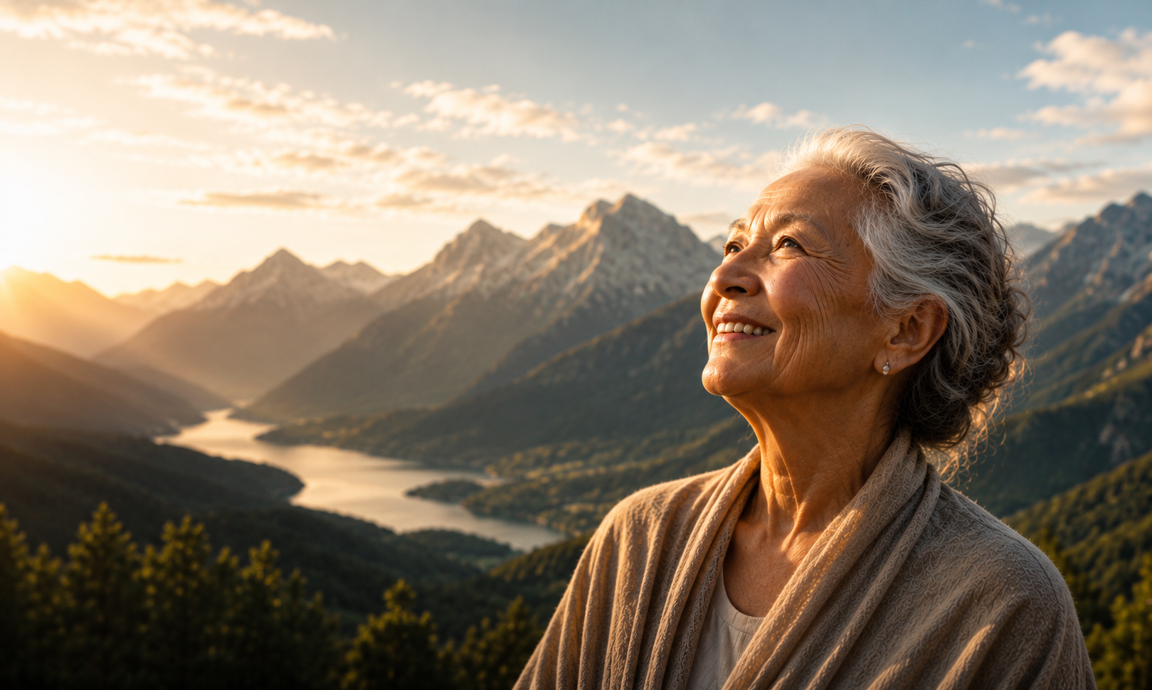 Mulher idosa sorrindo em paisagem de montanha, representando envelhecimento saudável e longevidade.