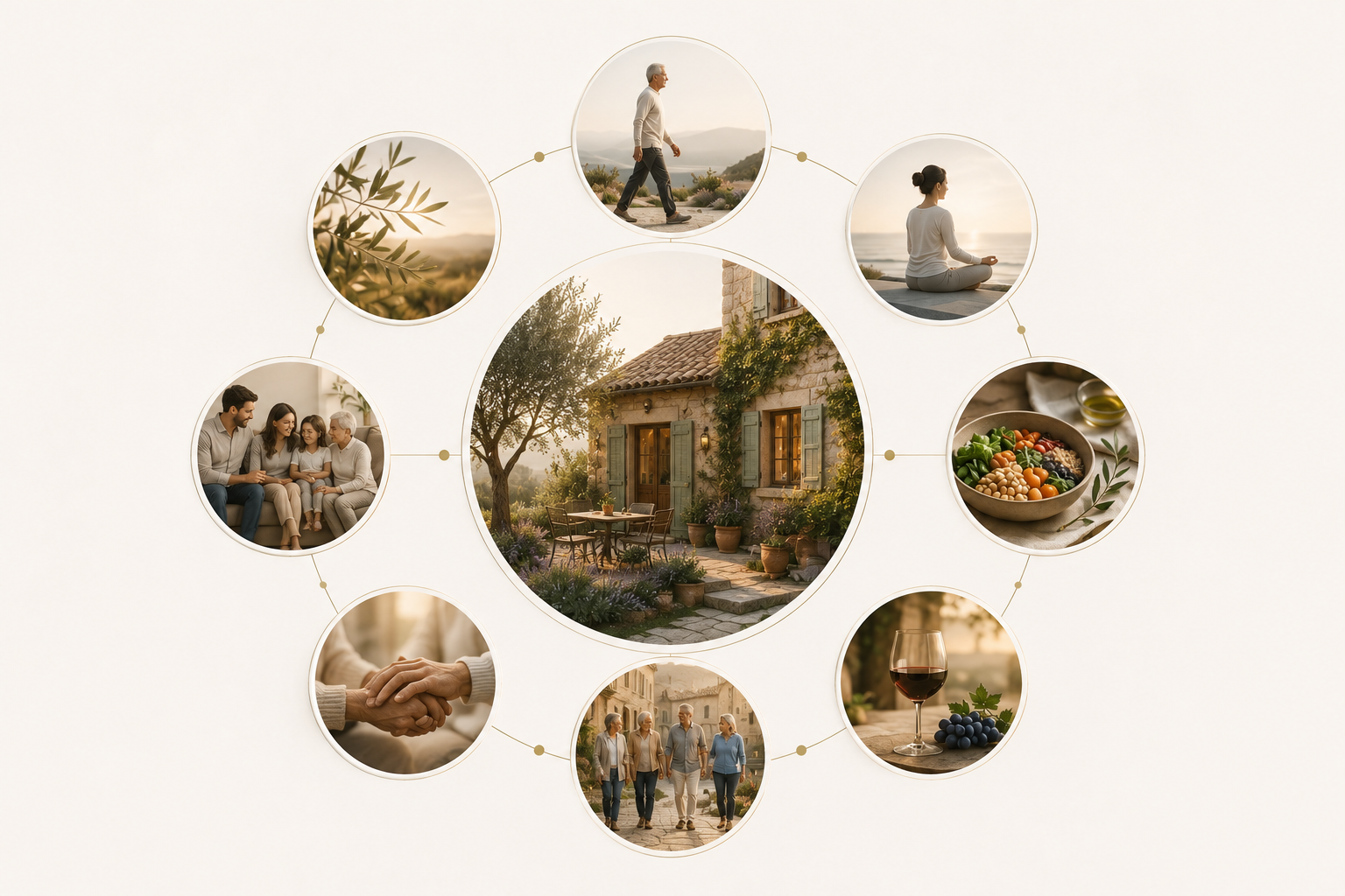 Diagrama do Raio da Vida: casa no centro cercada por oito círculos representando família, trabalho, alimentação, comunidade, amigos, lazer e contato com a natureza, dentro do raio de cerca de oito quilômetros ao redor de casa.